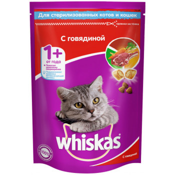 Корм Whiskas для стерилизованных кошек и котов с говядиной и вкусными подушечками, 350 г