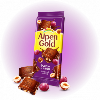 Шоколад Alpen Gold молочный с фундуком и изюмом, 85г