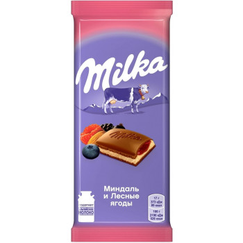 Шоколад молочный Milka миндаль и лесные ягоды, 85г