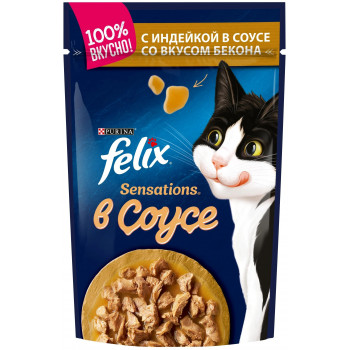 Корм для взрослых кошек Felix Sensations с индейкой, со вкусом бекона 75г