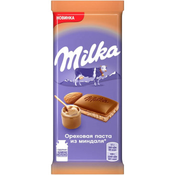 Шоколад молочный Milka с ореховой пастой из миндаля, 85г