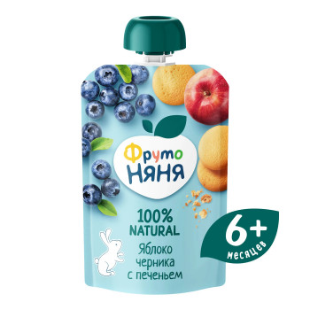 ФрутоНяня Пюре 90г. Яблоко, черника и арония с печеньем Пауч