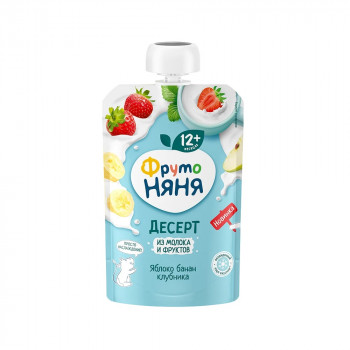 ФрутоНяня Десерт 90г.  Яблоко, банан и клубника с молоком и сахаром